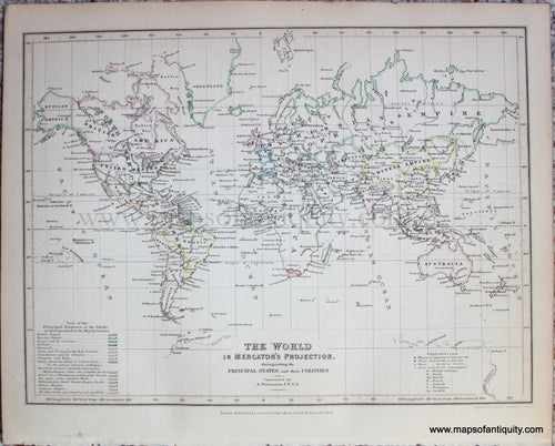 Genuine-Antique-Map-The-World-in-Mercator's-Projection.-Distinguishing-the-Principal-States-(Countries)-and-their-Colonies-World--1850-Petermann-/-Orr-/-Dower-Maps-Of-Antiquity-1800s-19th-century