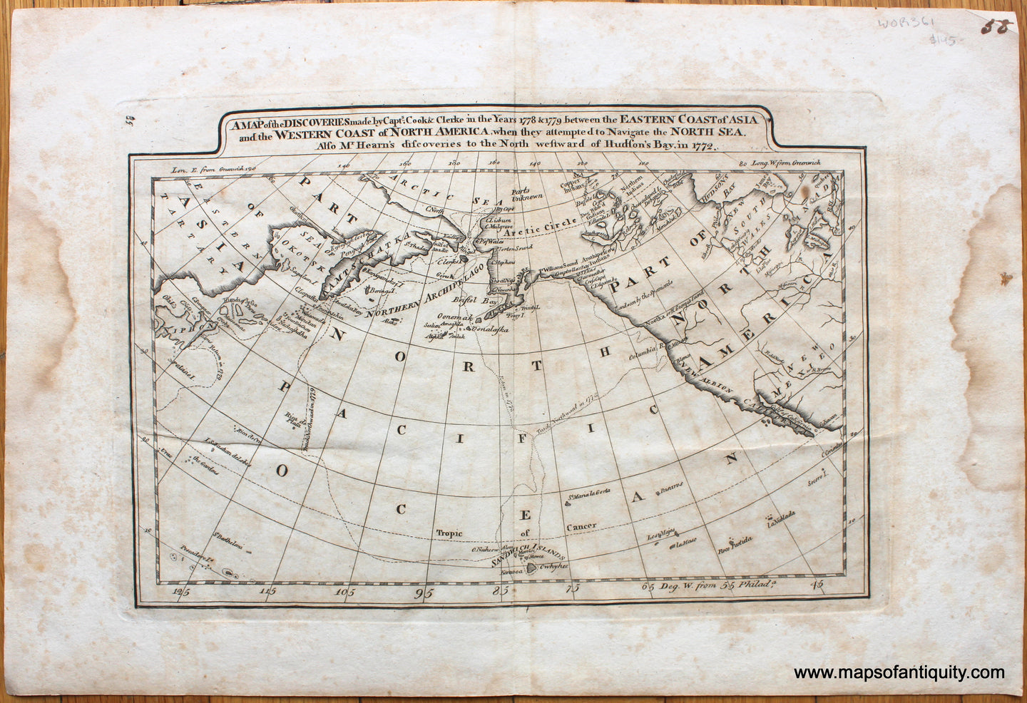 Genuine-Antique-Map-A-Map-of-the-Discoveries-made-by-Captn.s-Cook-&-Clerke-in-the-Years-1778-&-1779-between-the-Eastern-Coast-of-Asia-and-the-Western-Coast-of-North-America-when-they-attempted-to-Navigate-the-North-Sea.--Also-Mr.-Hearn's-discoveries-to-the-North-westward-of-Hudson's-Bay-in-1772.-c.-1815-Matthew-Cary-Maps-Of-Antiquity-1800s-19th-century