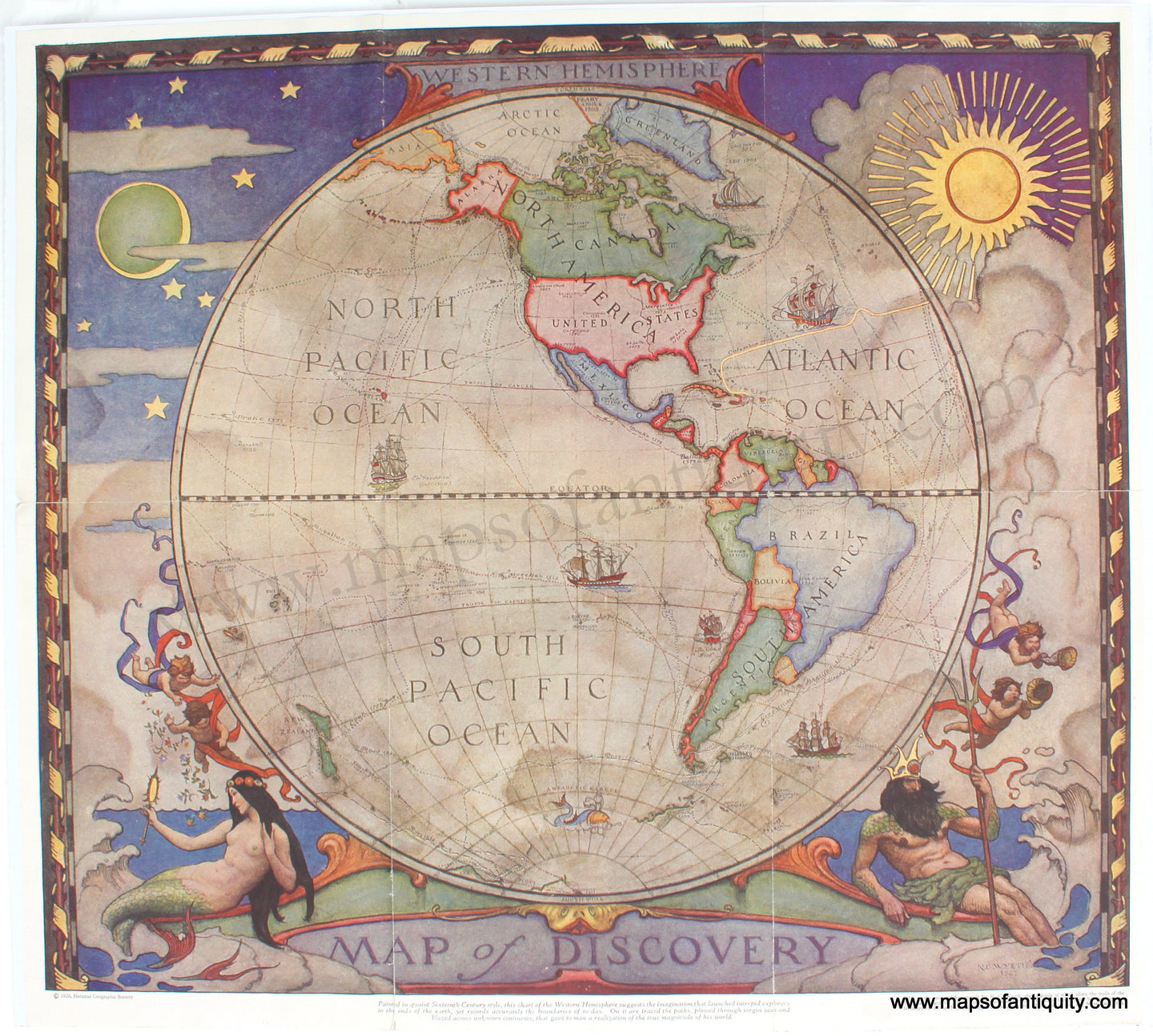 Genuine Antique Printed Color Map-Map of Discovery Western Hemisphere-1928-N.C. Wyeth / National Geographic Society-Maps-Of-Antiquity