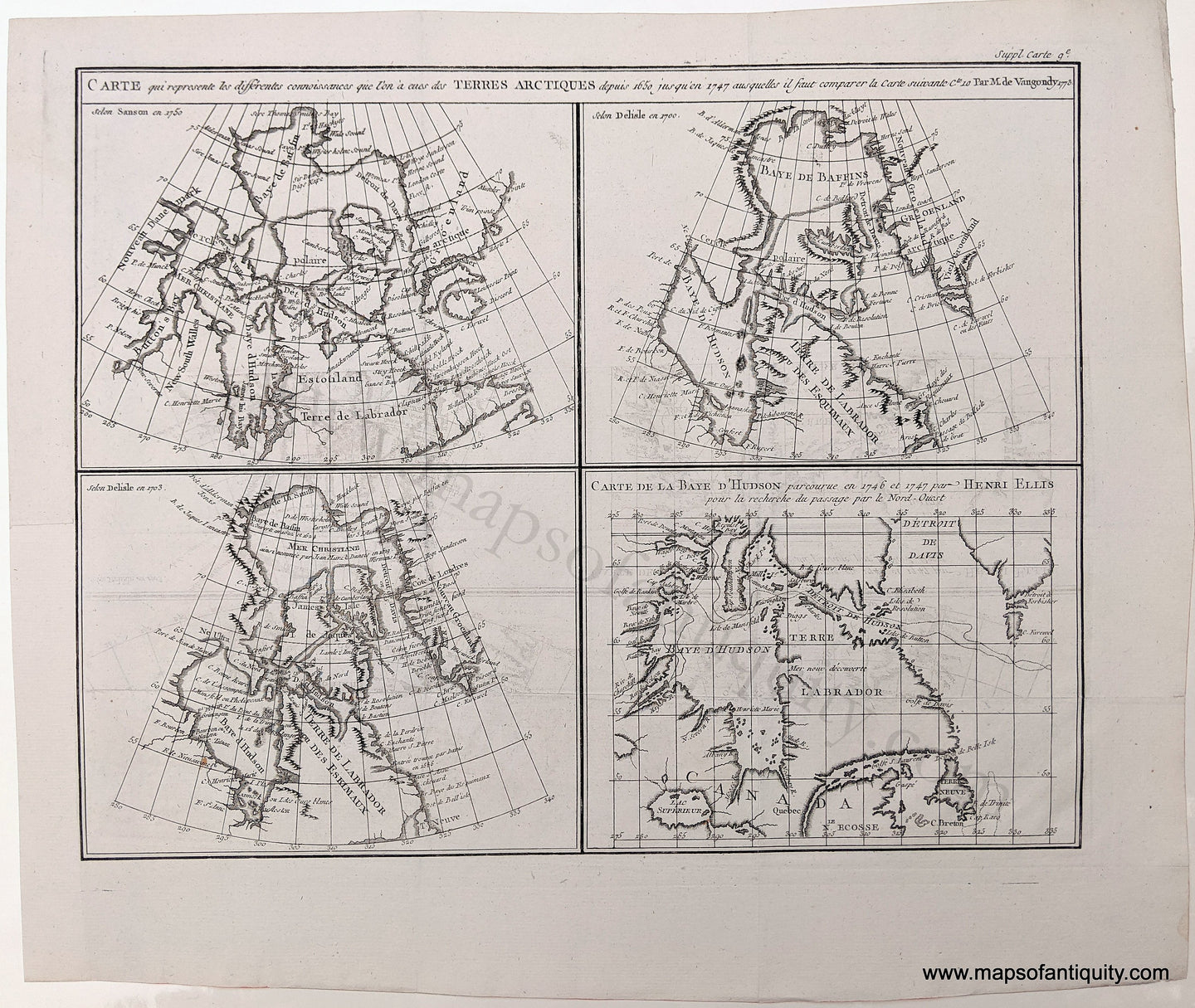 Genuine Antique Uncolored Map-Carte qui represente les differentes connoissances que l'on a eues des Terres Arctiques depuis 1650 jusqu'en 1747 ausquelles il faut comparer le Carte suivante c.te 10 Par M. de Vaugondy 1773-c. 1773-Vaugondy / Diderot-Maps-Of-Antiquity
