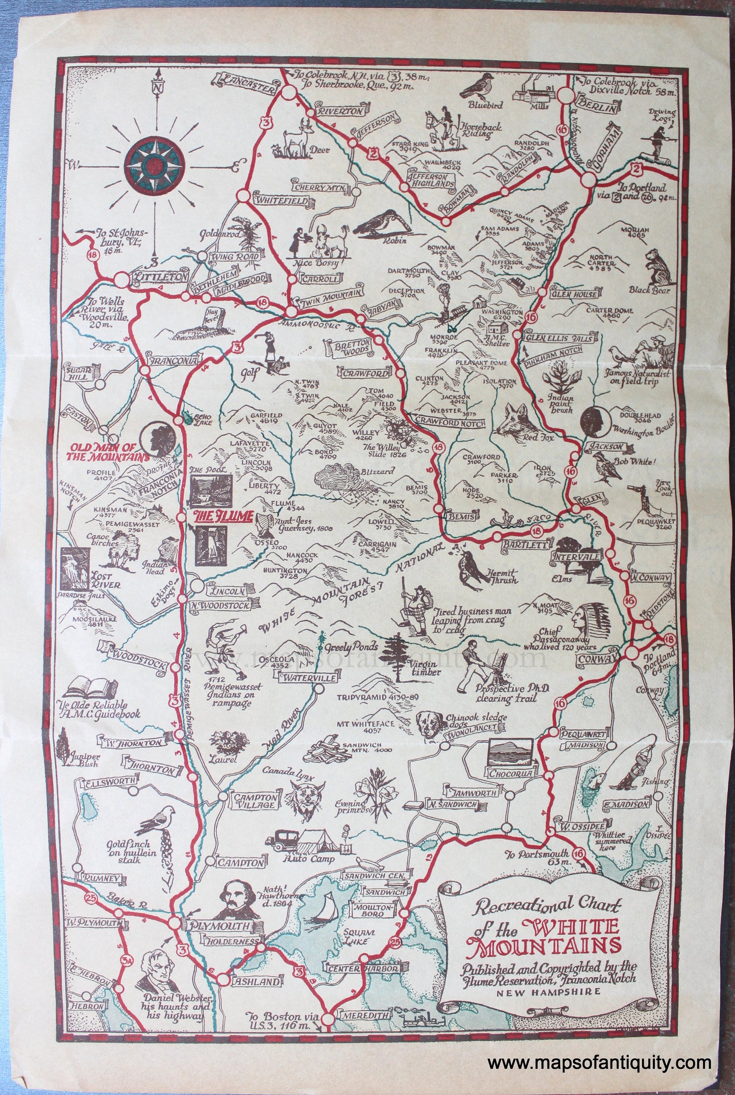 Genuine-Antique-Pictorial-Map-Recreational-Chart-of-the-White-Mountains-1920s-W.-Garnet-Maps-Of-Antiquity