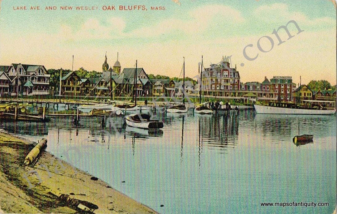 Colored-Antique-Postcard-Lake-Ave-and-New-Wesley-Oak-Bluffs-Mass---Postcard-Antique-Postcards--c.-1930--Maps-Of-Antiquity