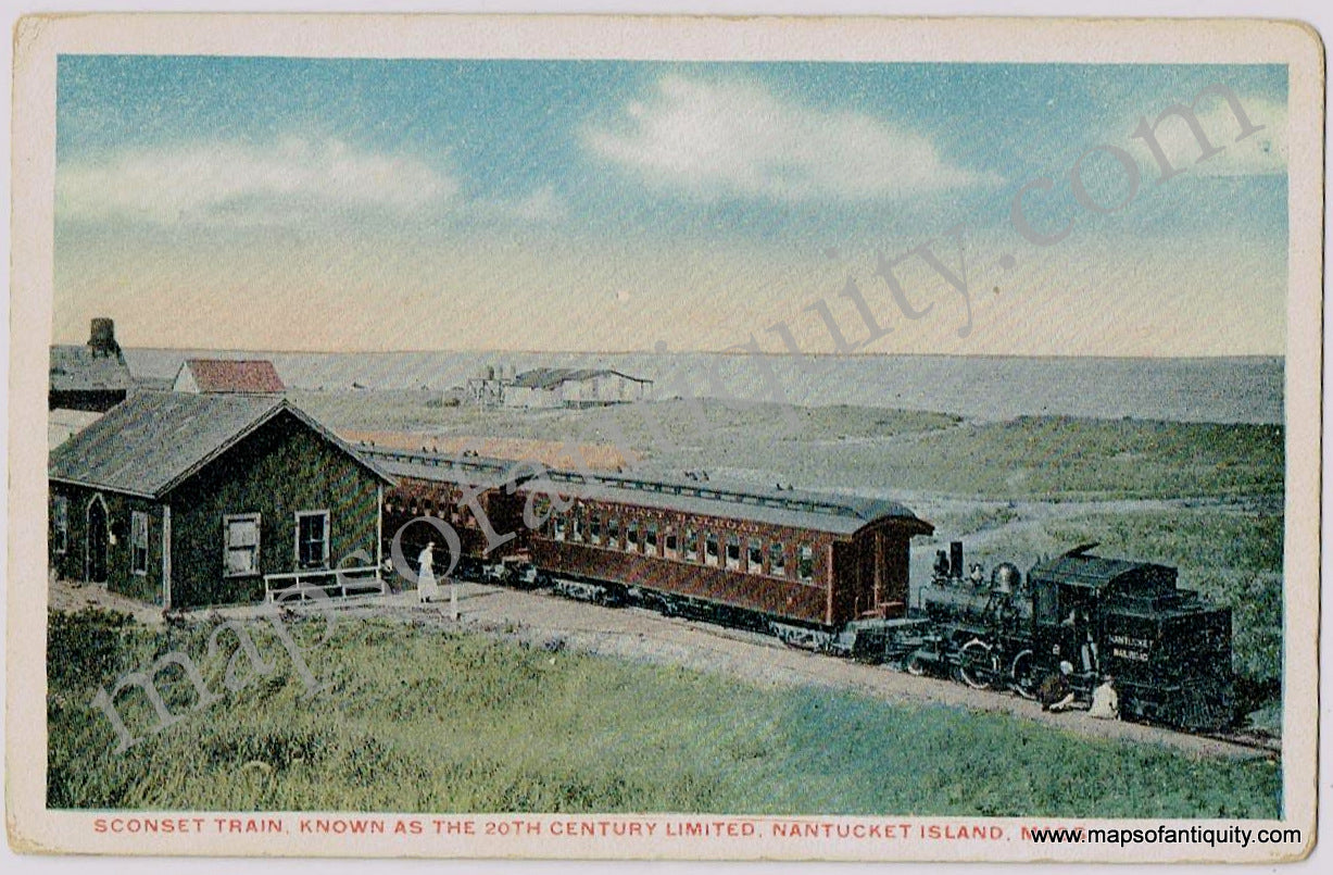 Antique-Postcard-Post-Card-Postcards-Cards-Mass-Mass.-Massachusetts-Nantucket-Island-MA-Town-History-Early-1900s-1910s-1920s-1930s-20th-Century-Sconset-Train-Known-As-The-20th-Century-Limited-Island-Railroad-Station-Trains-Maps-of-Antiquity