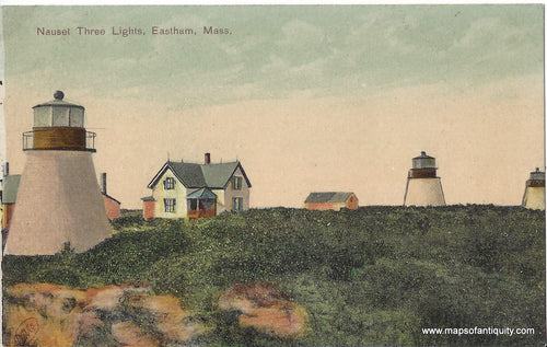 Genuine-Antique-Post-Card-Nauset-Three-Lights-Eastham-Mass-Antique-Postcard-1907-1914-Robbins-Bro-Co--Maps-Of-Antiquity