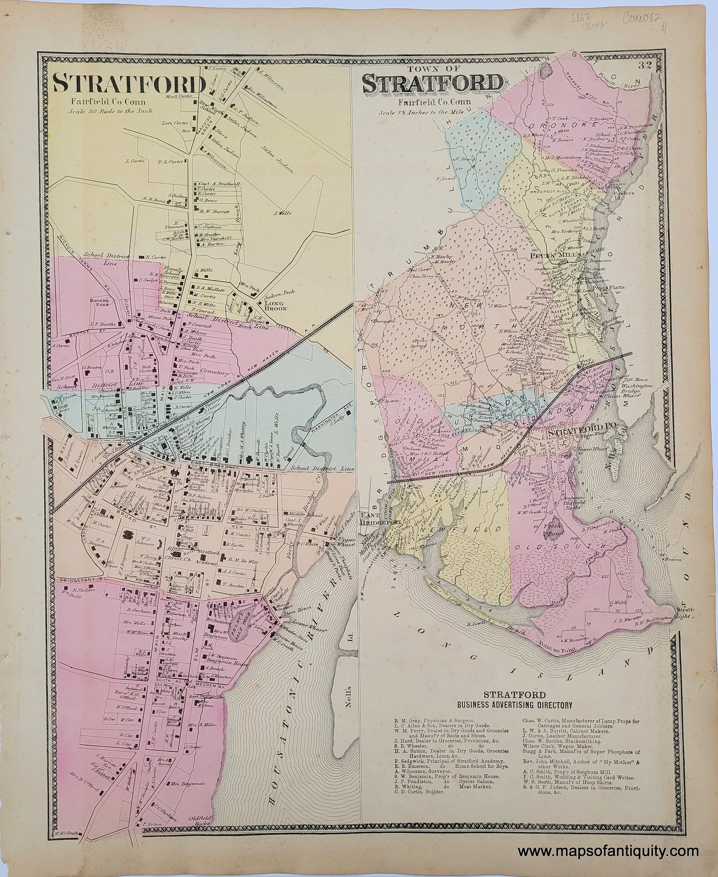 Antique-Hand-Colored-Map-Stratford/Town-of-Stratford-(CT)-***********-United-States-Northeast-1867-Beers-Maps-Of-Antiquity